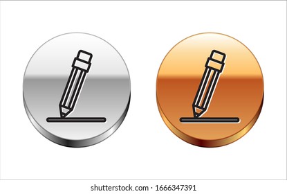Black line Pencil with eraser and line icon isolated on white background. Education sign. Drawing and educational tools. Silver-gold circle button. Vector Illustration