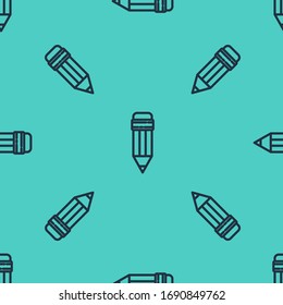 Black line Pencil with eraser icon isolated seamless pattern on green background. Drawing and educational tools. School office symbol.  Vector Illustration