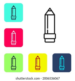 Black line Pencil with eraser icon isolated on white background. Drawing and educational tools. School office symbol. Set icons in color square buttons. Vector Illustration