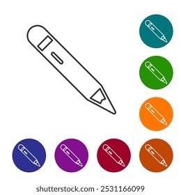 Black line Pencil with eraser icon isolated on white background. Drawing and educational tools. School office symbol. Set icons in color circle buttons. Vector