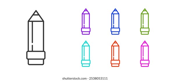 Linha preta Lápis com ícone de borracha isolado no fundo branco. Ferramentas educacionais e de desenho. Símbolo do escritório da escola. Defina os ícones com cores. Ilustração de vetor