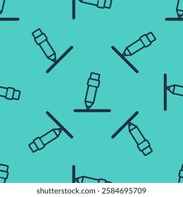 Black line Pencil with eraser icon isolated seamless pattern on green background. Drawing and educational tools. School office symbol.  Vector Illustration