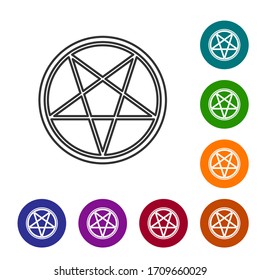 Black line Pentagram in a circle icon isolated on white background. Magic occult star symbol. Set icons in color circle buttons. Vector Illustration