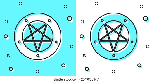 Black line Pentagram in a circle icon isolated on green and white background. Magic occult star symbol. Random dynamic shapes. Vector