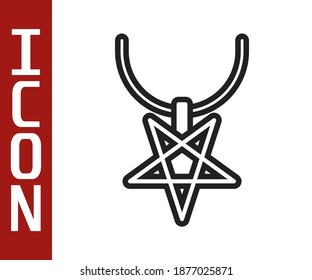 Black line Pentagram on necklace icon isolated on white background. Magic occult star symbol.  Vector