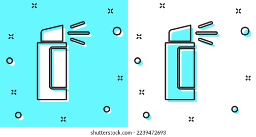 Schwarze Linie Pfefferspray Symbol einzeln auf grünem und weißem Hintergrund. OC-Gas. Capsicum selbst verteidigt Aerosol. Zufällige dynamische Formen. Vektorgrafik