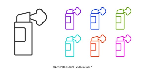 Schwarze Linie Pfefferspray Symbol einzeln auf weißem Hintergrund. OC-Gas. Capsicum selbst verteidigt Aerosol. Stellen Sie die Symbole bunt ein. Vektorgrafik