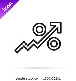 Black line Percent up arrow icon isolated on white background. Increasing percentage sign.  Vector