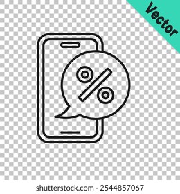 Linha preta Percentual de desconto no ícone do telefone celular isolado no fundo transparente. Porcentagem de venda - etiqueta de preço, etiqueta.  Vetor