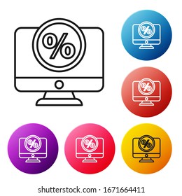 Black line Percent symbol discount and monitor icon isolated on white background. Sale percentage - price label, tag. Set icons colorful circle buttons. Vector Illustration