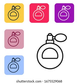 Icono Perfume de línea negra aislado en fondo blanco. Establecer iconos en botones cuadrados de color.  Ilustración vectorial
