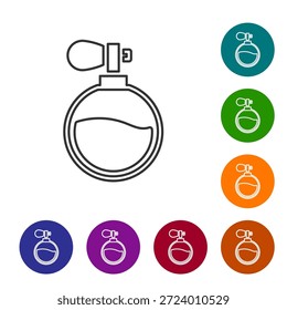 Icono de perfume de línea negra aislado sobre fondo blanco. Establezca los íconos en Botones de círculo de color. Vector