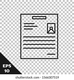 Black line Personal document icon isolated on transparent background. File icon. Checklist icon. Business concept.  Vector Illustration