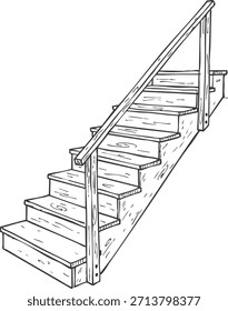 Dibujo en perspectiva de línea negra de una escalera interior con barandilla y escalones ascendentes.