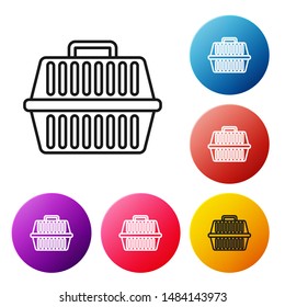 Black line Pet carry case icon isolated on white background. Carrier for animals, dog and cat. Container for animals. Animal transport box. Set icons colorful circle buttons. Vector Illustration