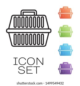 Black line Pet carry case icon isolated on white background. Carrier for animals, dog and cat. Container for animals. Animal transport box. Set icons colorful. Vector Illustration