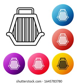 Black line Pet carry case icon isolated on white background. Carrier for animals, dog and cat. Container for animals. Animal transport box. Set icons colorful circle buttons. Vector Illustration