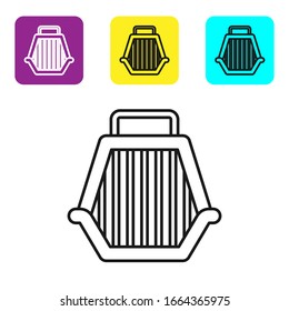 Icono de portada de la línea negra aislado en fondo blanco. Portador para animales, perros y gatos. Contenedor para animales. Casilla de transporte animal. Defina los iconos con los botones cuadrados coloridos. Ilustración vectorial