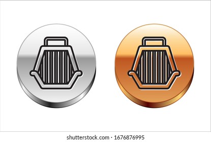 Black line Pet carry case icon isolated on white background. Carrier for animals, dog and cat. Container for animals. Animal transport box. Silver-gold circle button. Vector Illustration
