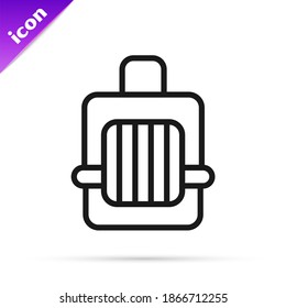 Black line Pet carry case icon isolated on white background. Carrier for animals, dog and cat. Container for animals. Animal transport box.  Vector