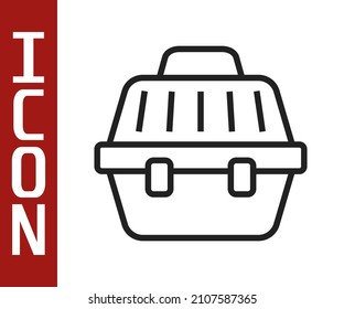 Black line Pet carry case icon isolated on white background. Carrier for animals, dog and cat. Container for animals. Animal transport box.  Vector