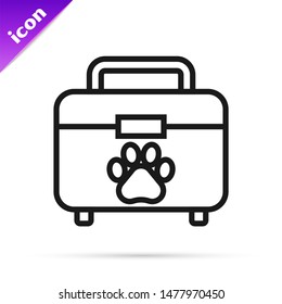 Black line Pet first aid kit icon isolated on white background. Dog or cat paw print. Clinic box.  Vector Illustration