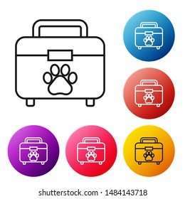 Black line Pet first aid kit icon isolated on white background. Dog or cat paw print. Clinic box. Set icons colorful circle buttons. Vector Illustration
