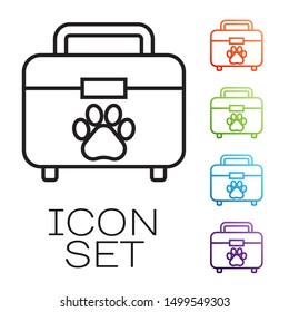 Black line Pet first aid kit icon isolated on white background. Dog or cat paw print. Clinic box. Set icons colorful. Vector Illustration