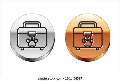 Black line Pet first aid kit icon isolated on white background. Dog or cat paw print. Clinic box. Silver-gold circle button. Vector Illustration