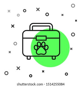 Black line Pet first aid kit icon isolated on white background. Dog or cat paw print. Clinic box.  Vector Illustration