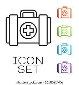 Black line Pet first aid kit icon isolated on white background. Dog or cat paw print. Clinic box. Set icons colorful. Vector Illustration