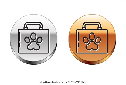 Black line Pet first aid kit icon isolated on white background. Dog or cat paw print. Clinic box. Silver-gold circle button. Vector Illustration