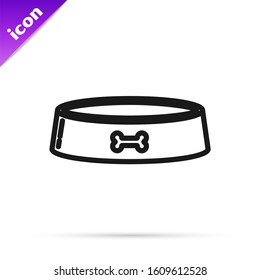 Black line Pet food bowl for cat or dog icon isolated on white background. Dog bone sign.  Vector Illustration