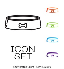 Black line Pet food bowl for cat or dog icon isolated on white background. Dog bone sign. Set icons colorful. Vector Illustration