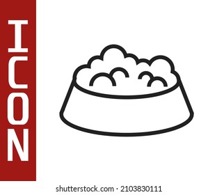 Black line Pet food bowl for cat or dog icon isolated on white background. Dog or cat paw print.  Vector