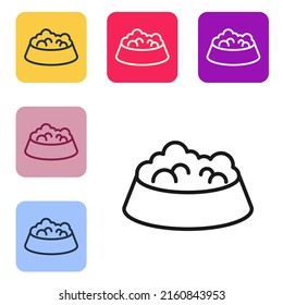 Black line Pet food bowl for cat or dog icon isolated on white background. Dog or cat paw print. Set icons in color square buttons. Vector