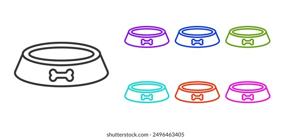 Black line Pet food bowl for cat or dog icon isolated on white background. Dog bone sign. Set icons colorful. Vector