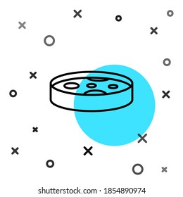 Línea negra de Petri con icono bacteriano aislado en fondo blanco. Formas dinámicas aleatorias. Vector