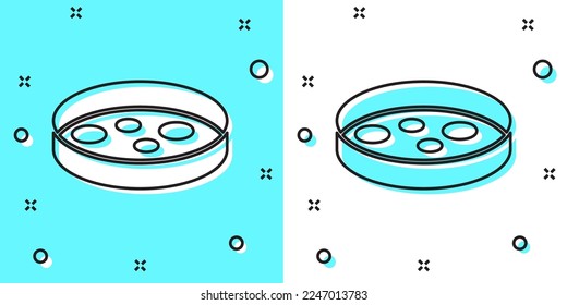 Black line Petri dish with bacteria icon isolated on green and white background. Random dynamic shapes. Vector