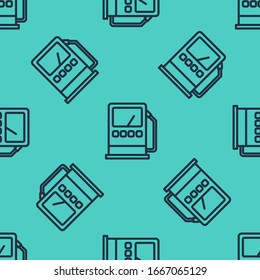 Black line Petrol or gas station icon isolated seamless pattern on green background. Car fuel symbol. Gasoline pump.  Vector Illustration