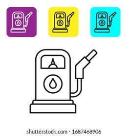 Black line Petrol or Gas station icon isolated on white background. Car fuel symbol. Gasoline pump. Set icons colorful square buttons. Vector Illustration