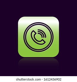 Black line Phone call icon isolated on black background. Green square button. Vector Illustration