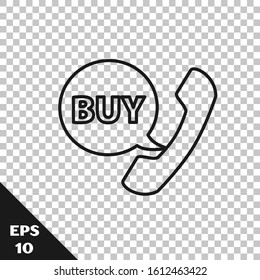 Black line Phone and speech bubble with text Buy icon isolated on transparent background. Online buying symbol. Supermarket basket symbol.  Vector Illustration