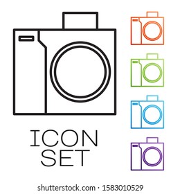 Black line Photo camera for diver icon isolated on white background. Foto camera icon. Diving underwater equipment. Set icons colorful. Vector Illustration