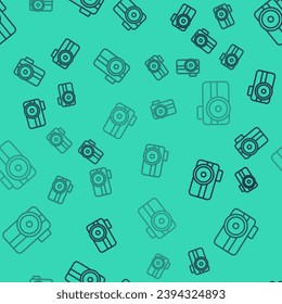 Black line Photo camera for diver icon isolated seamless pattern on green background. Foto camera icon. Diving underwater equipment.  Vector