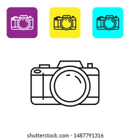 Black line Photo camera icon isolated on white background. Foto camera icon. Set icons colorful square buttons. Vector Illustration