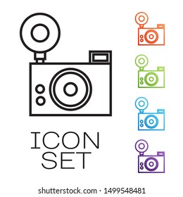 Black line Photo camera icon isolated on white background. Foto camera icon. Set icons colorful. Vector Illustration