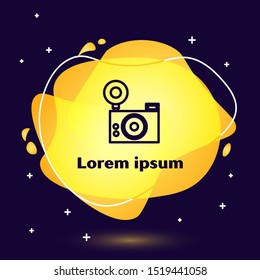 Black line Photo camera icon isolated on dark blue background. Foto camera icon. Abstract banner with liquid shapes. Vector Illustration