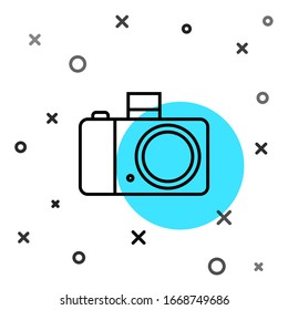 Black line Photo camera icon isolated on white background. Foto camera icon. Random dynamic shapes. Vector Illustration