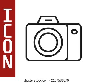 Black line Photo camera icon isolated on white background. Foto camera. Digital photography.  Vector